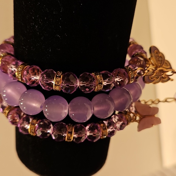 3 Purple Glass, Crystal & Rhinestone Beaded Stretch Bracelet Set with Charms - Picture 2 of 7